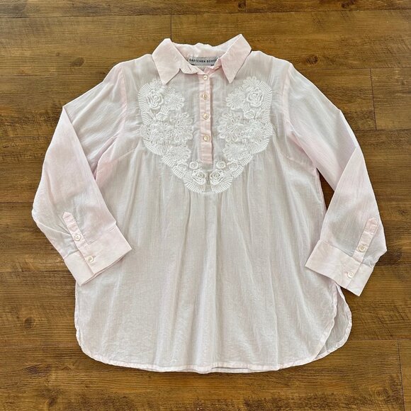 Gretchen Scott Womens Sheer Pink Embroidered Top Size Medium Button Boho Coastal - Picture 2 of 9